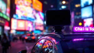 A photograph of a vibrant cab top advertising led display in an urban setting