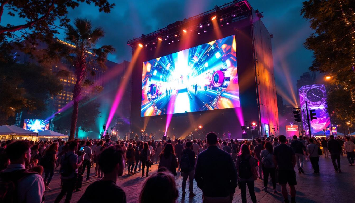 A photograph of a vibrant outdoor event featuring a large led jumbotron display in action