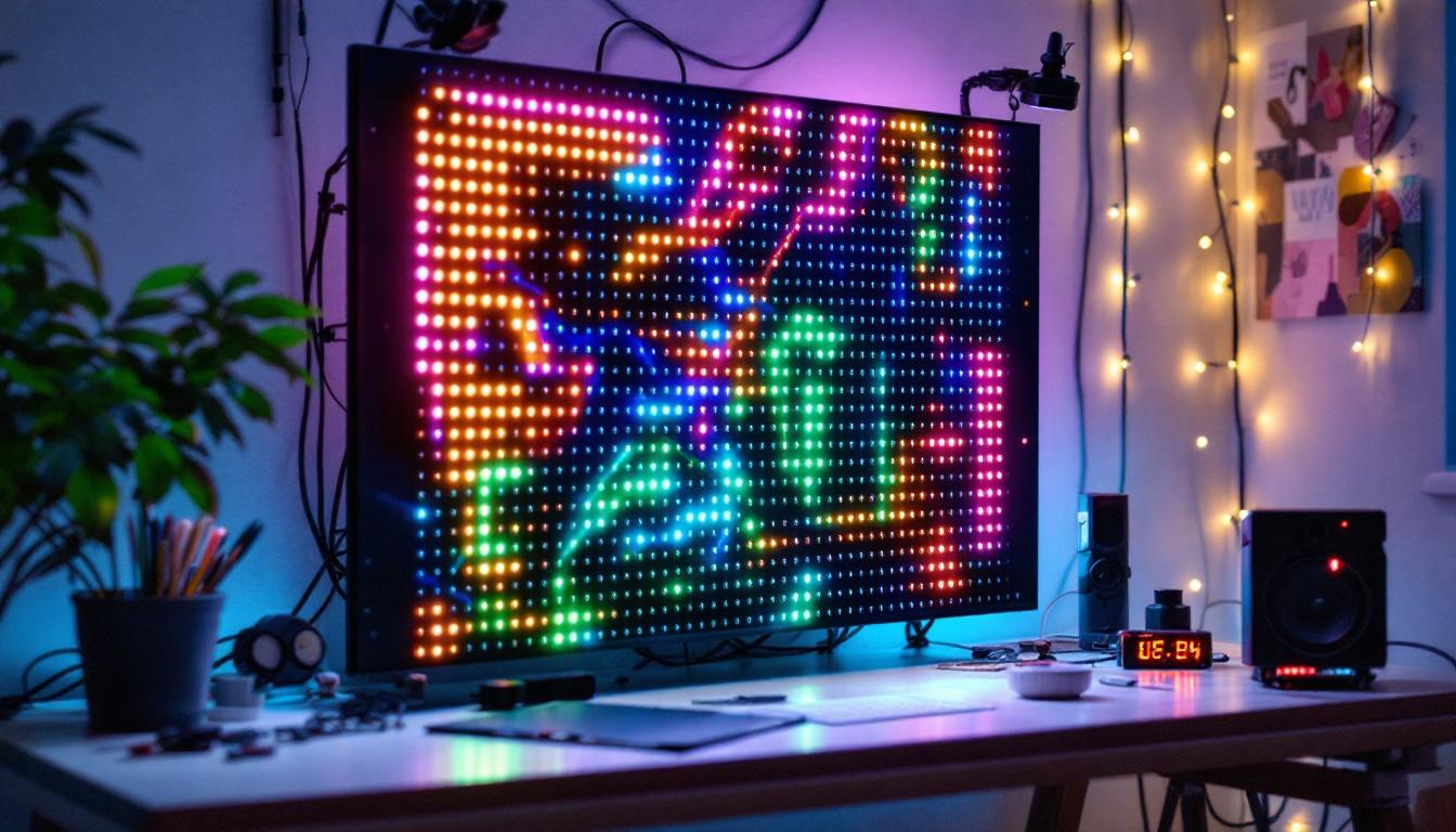 A photograph of a vibrant led display setup in a diy project environment