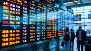 A photograph of a vibrant led flight information display system at an airport