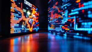 A photograph of a vibrant led display in a dimly lit environment