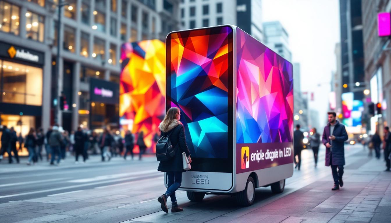 A photograph of a vibrant digital mobile billboard in action