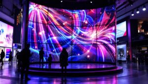 A photograph of capture a photograph of a vibrant circular led display in an urban setting