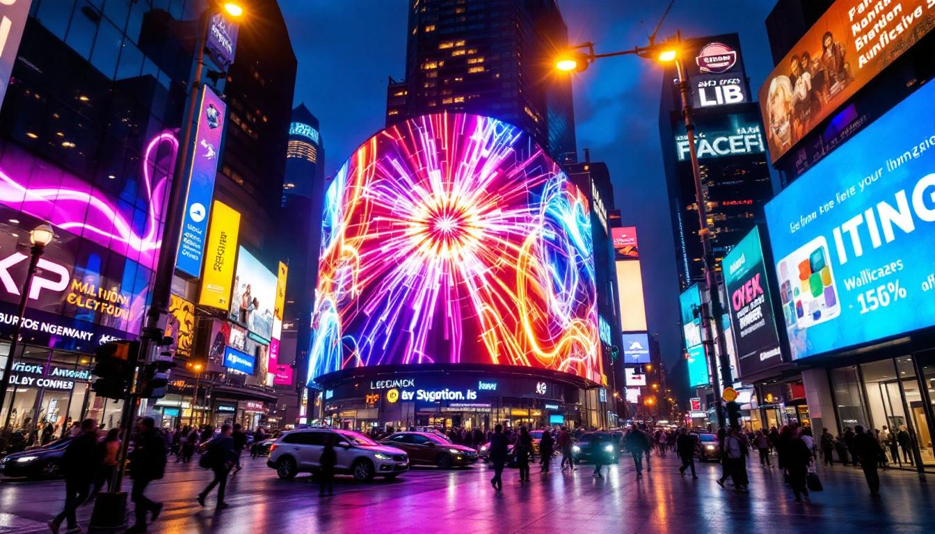 A photograph of a vibrant led display in a bustling urban environment