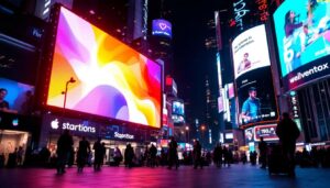 A photograph of a vibrant led display in a bustling urban environment