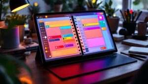 A photograph of a large planner open on a desk