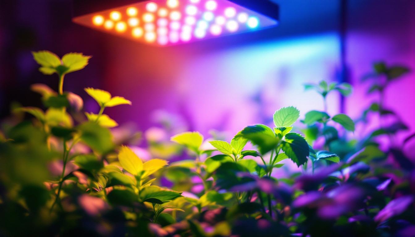 A photograph of a vibrant indoor garden illuminated by a large led grow light