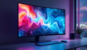 A photograph of a vibrant led monitor displaying a visually striking image with clear differences in brightness and color