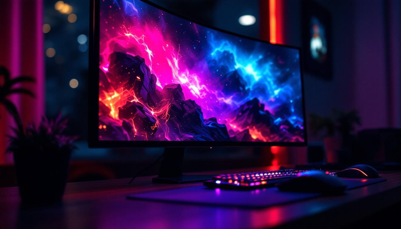 A photograph of a high-quality gaming monitor displaying vibrant