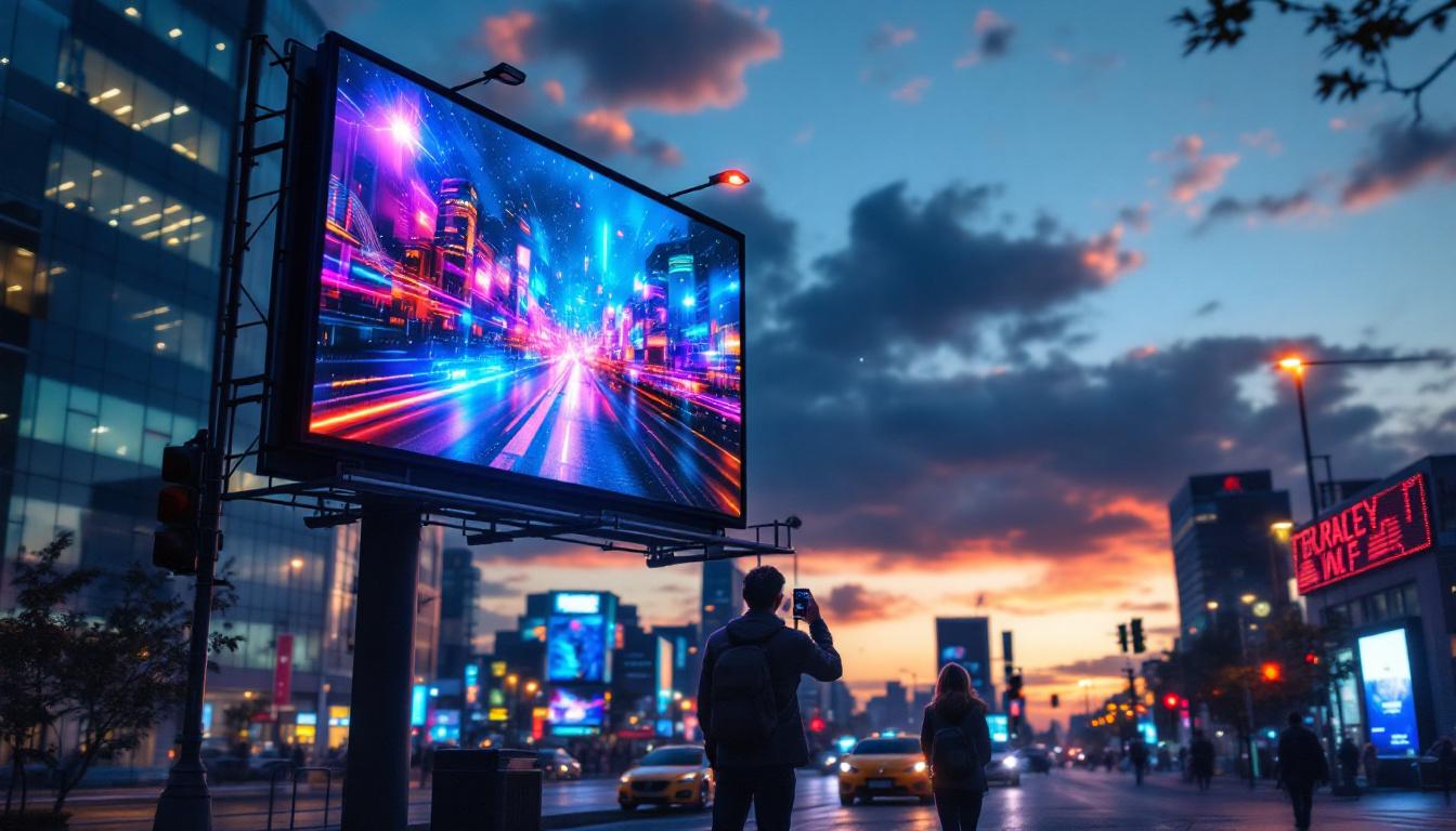 A photograph of a vibrant electric billboard displaying dynamic led advertisements in an urban setting
