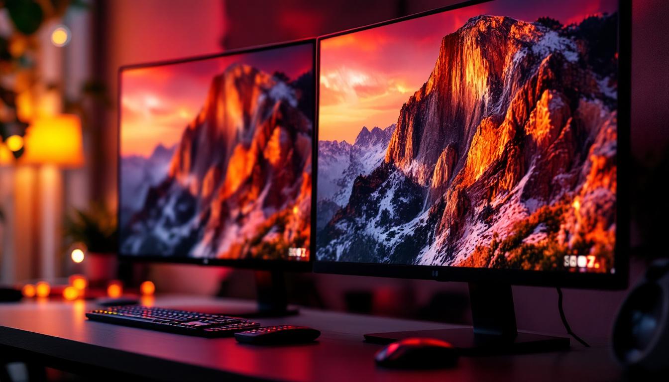 A photograph of a side-by-side comparison of two monitors displaying the same image