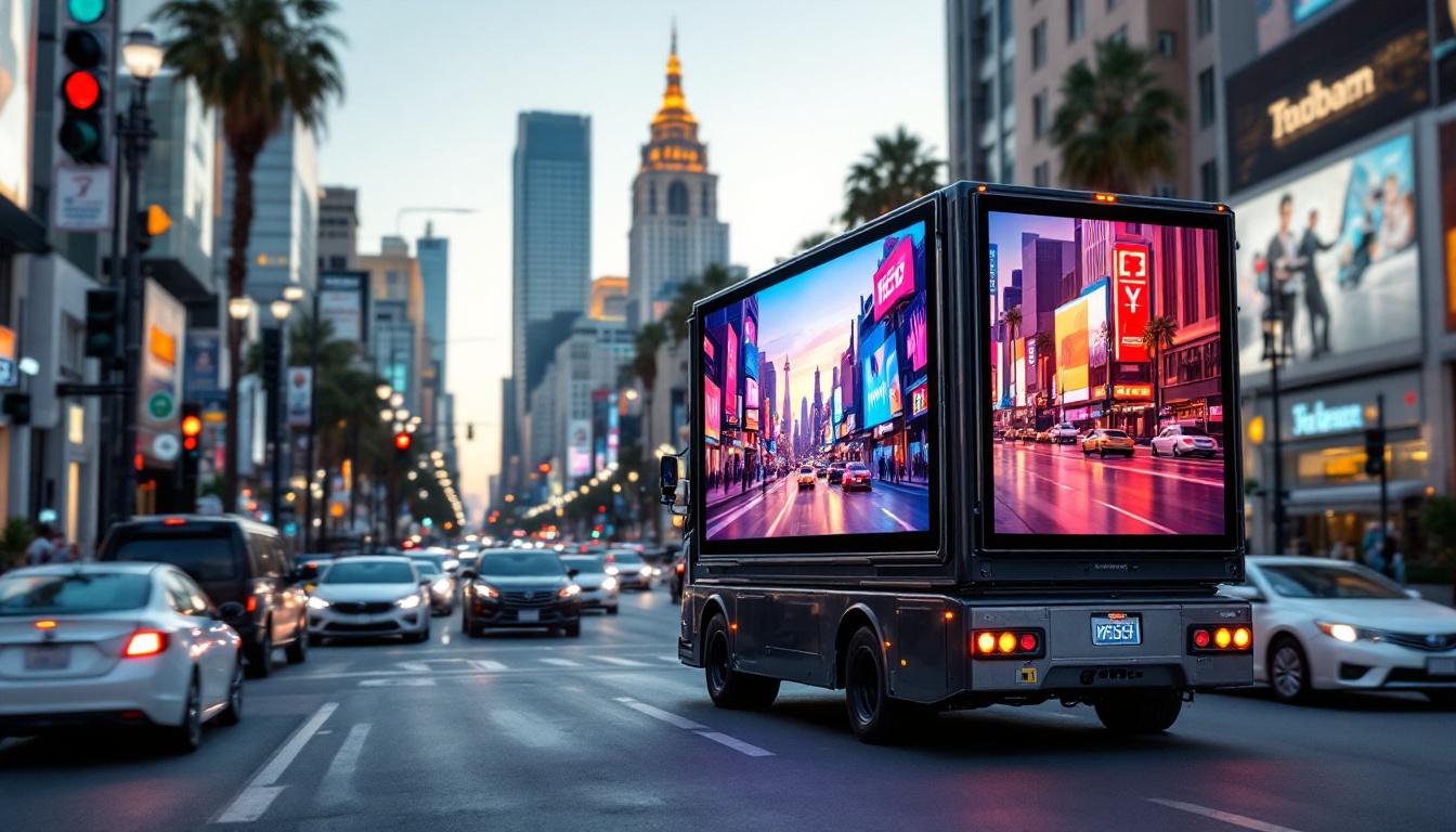 A photograph of capture a photograph of a vibrant led mobile billboard in action on a busy los angeles street