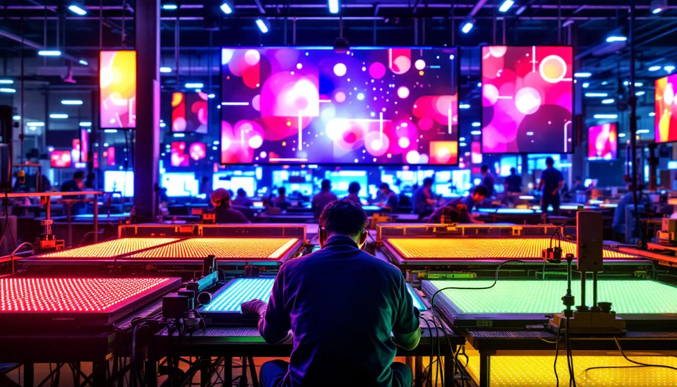 A photograph of a bustling shenzhen manufacturing facility showcasing workers assembling led displays