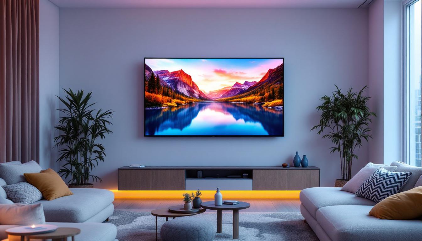 A photograph of a modern living room featuring a large led tv mounted on the wall