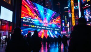 A photograph of a vibrant led display in a bustling urban environment