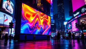 A photograph of a vibrant led display in a dynamic urban setting at night