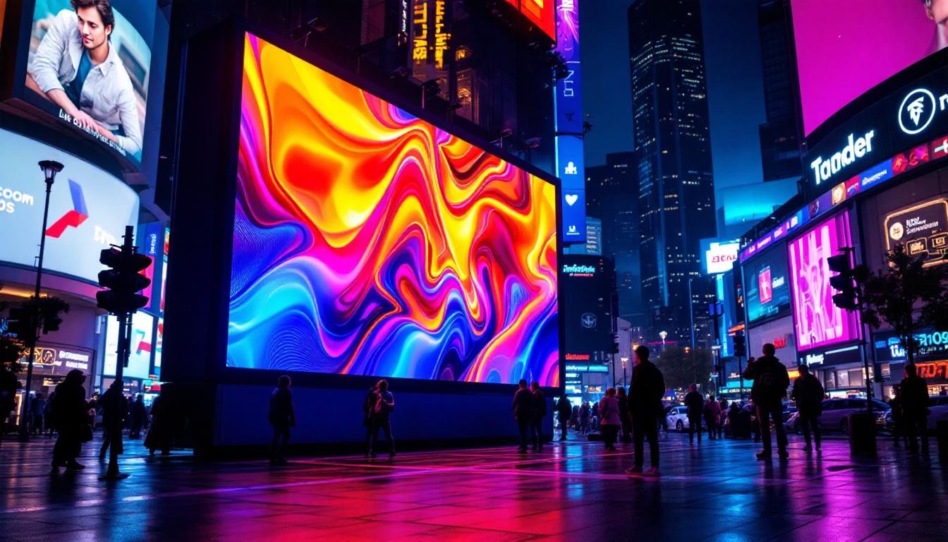 A photograph of a vibrant led display in a dynamic urban setting at night