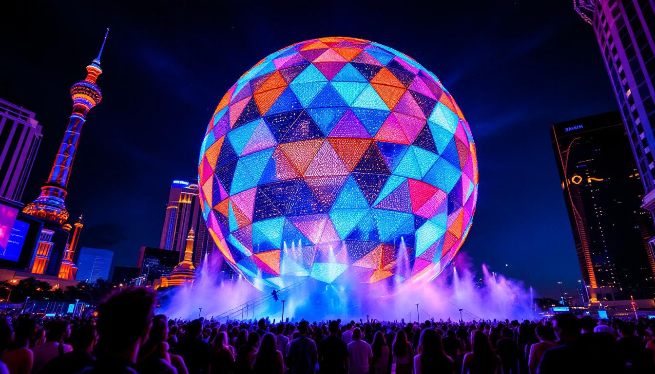 A photograph of the sphere in las vegas illuminated at night
