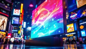 A photograph of a vibrant led display in a bustling urban environment