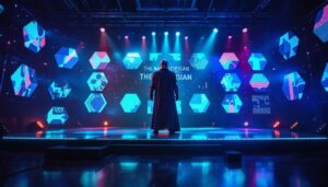 A photograph of capture a photograph of a vibrant led display stage setup used in the filming of "the mandalorian