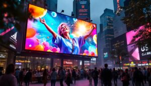 A photograph of a vibrant jumbotron led display in a bustling outdoor setting