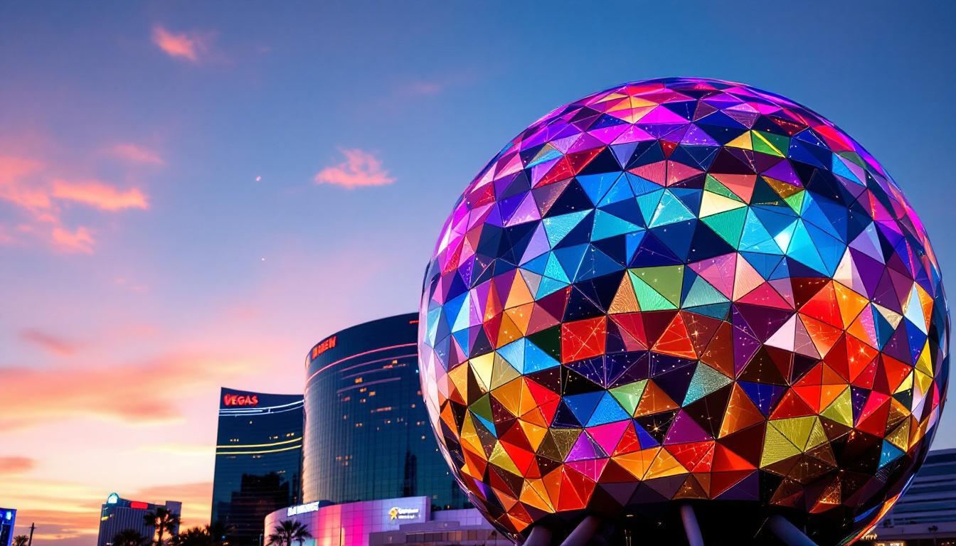 A photograph of capture a photograph of the vegas sphere's exterior at dusk