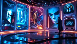 A photograph of a vibrant and immersive led display showcasing various mandalorian-themed backgrounds
