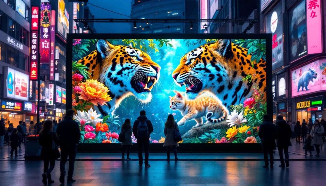 A photograph of a vibrant led display featuring dynamic visuals of big cats