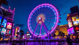 A photograph of capture a photograph of the giant eye led display in las vegas at dusk
