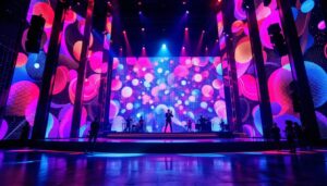 A photograph of a vibrant theatrical backdrop featuring an led display in an immersive stage setting