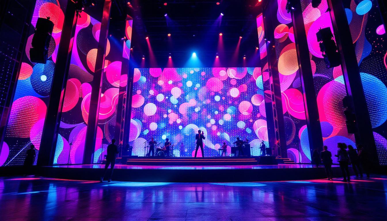 A photograph of a vibrant theatrical backdrop featuring an led display in an immersive stage setting