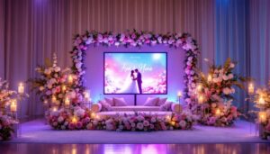A photograph of a beautifully arranged wedding display featuring an led screen showcasing personalized visuals