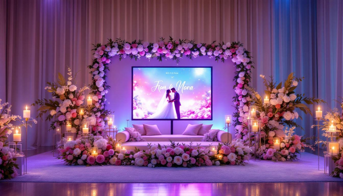 A photograph of a beautifully arranged wedding display featuring an led screen showcasing personalized visuals
