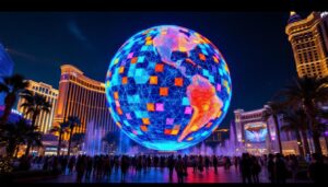 A photograph of capture a photograph of the vibrant las vegas sphere illuminated at night