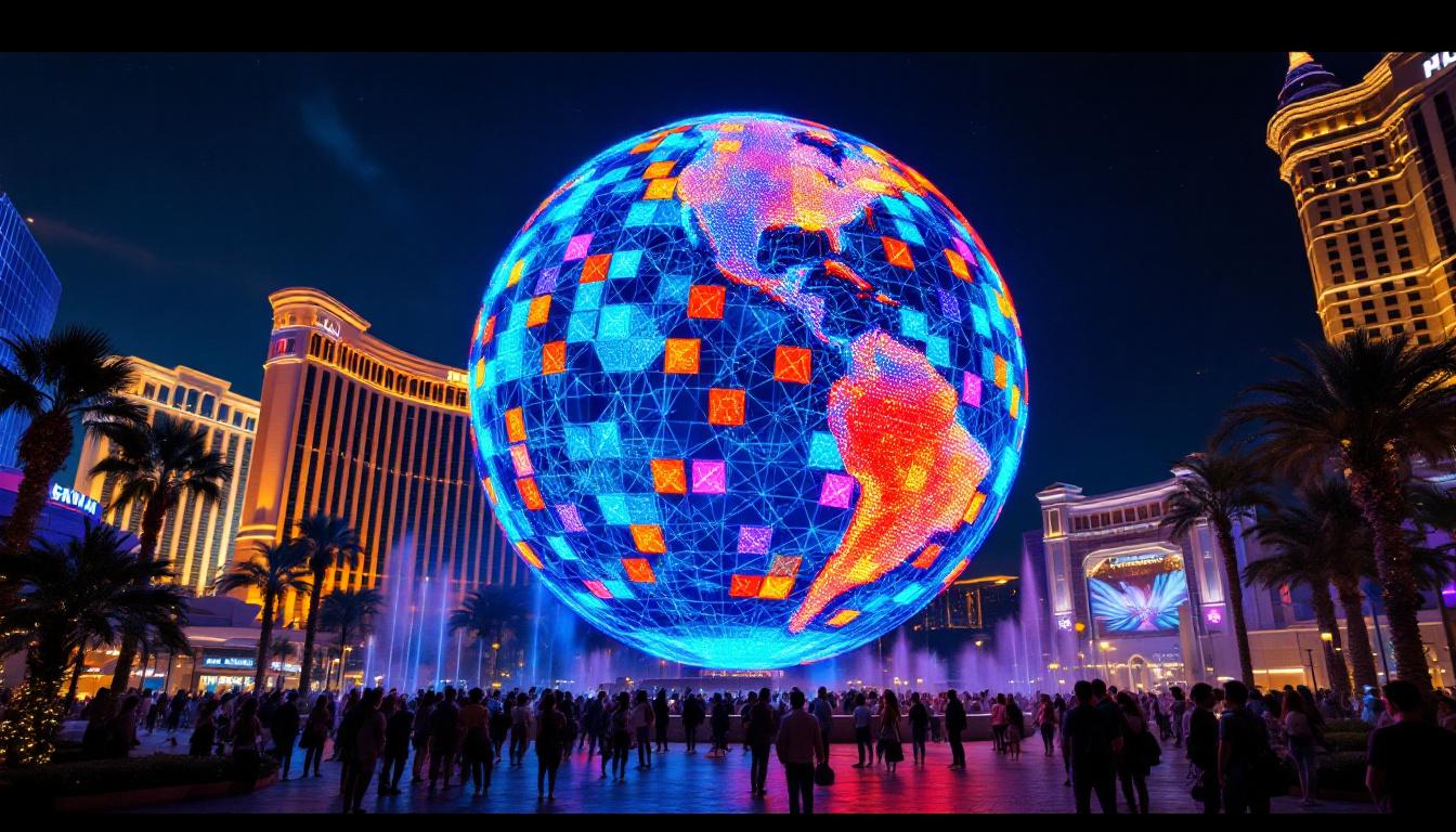 A photograph of capture a photograph of the vibrant las vegas sphere illuminated at night