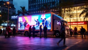 A photograph of capture a photograph of a vibrant mobile ad truck parked in an urban setting