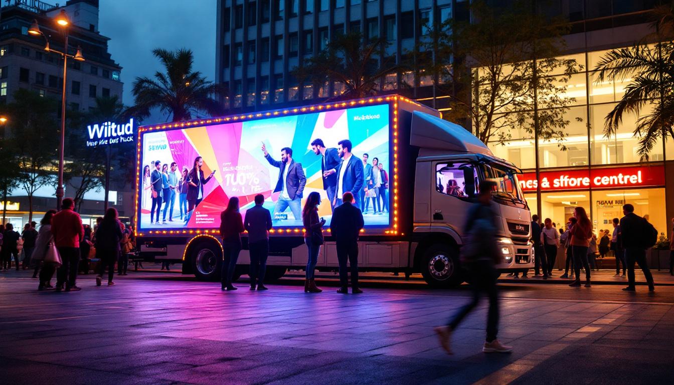 A photograph of capture a photograph of a vibrant mobile ad truck parked in an urban setting