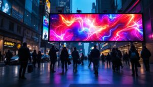 A photograph of a vibrant led digital banner in an urban setting