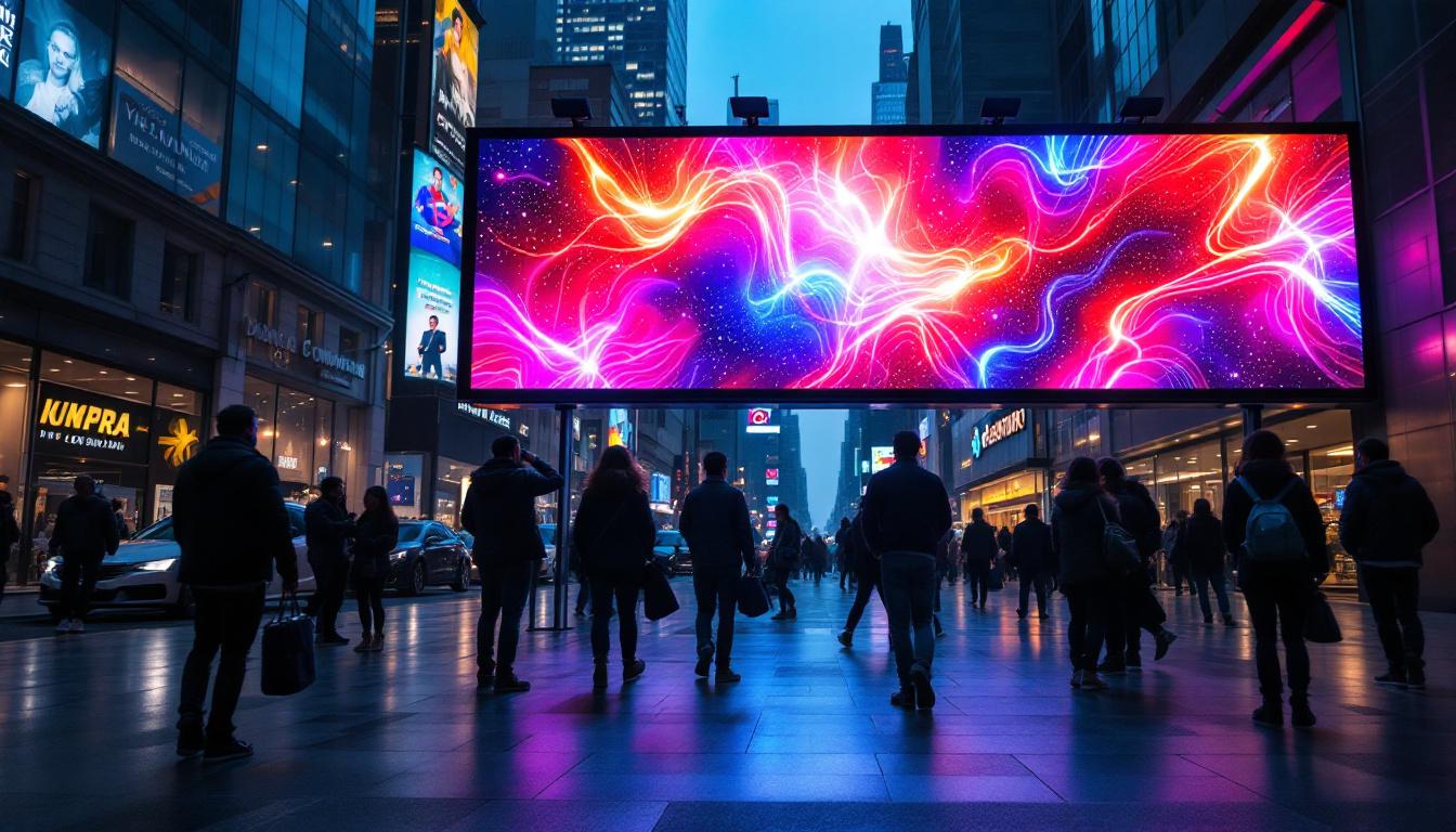 A photograph of a vibrant led digital banner in an urban setting