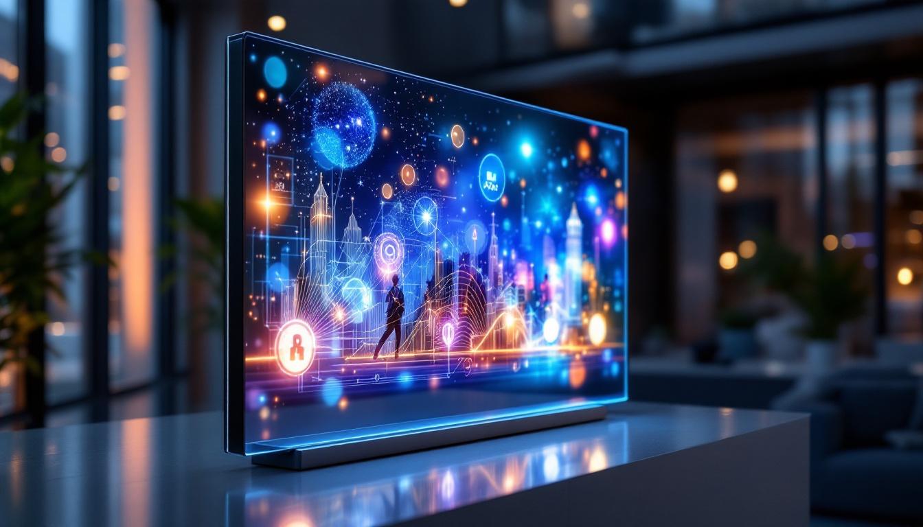 A photograph of a transparent touch screen led display in a modern setting