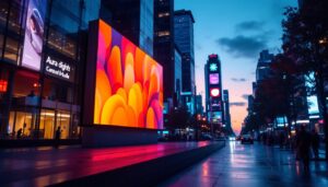 A photograph of a vibrant led display in an urban setting