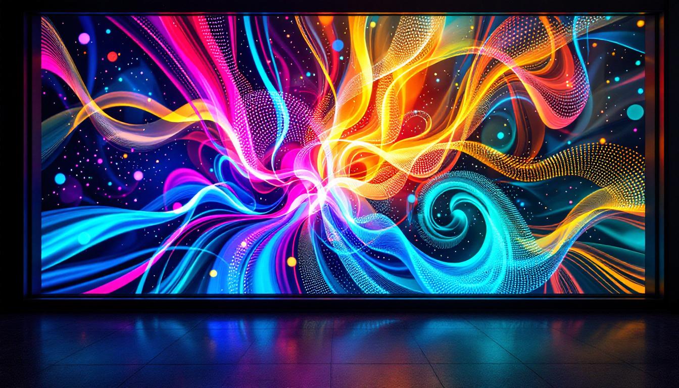 A photograph of a vibrant led window film display showcasing dynamic colors and patterns in an urban setting