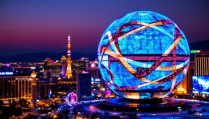 A photograph of capture a photograph of the vegas sphere at dusk
