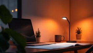 A photograph of a sleek 3w led lamp illuminating a modern workspace