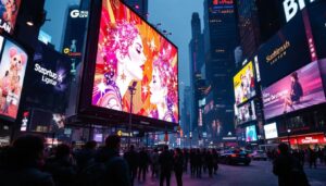 A photograph of a vibrant jumbotron led display in a busy urban setting