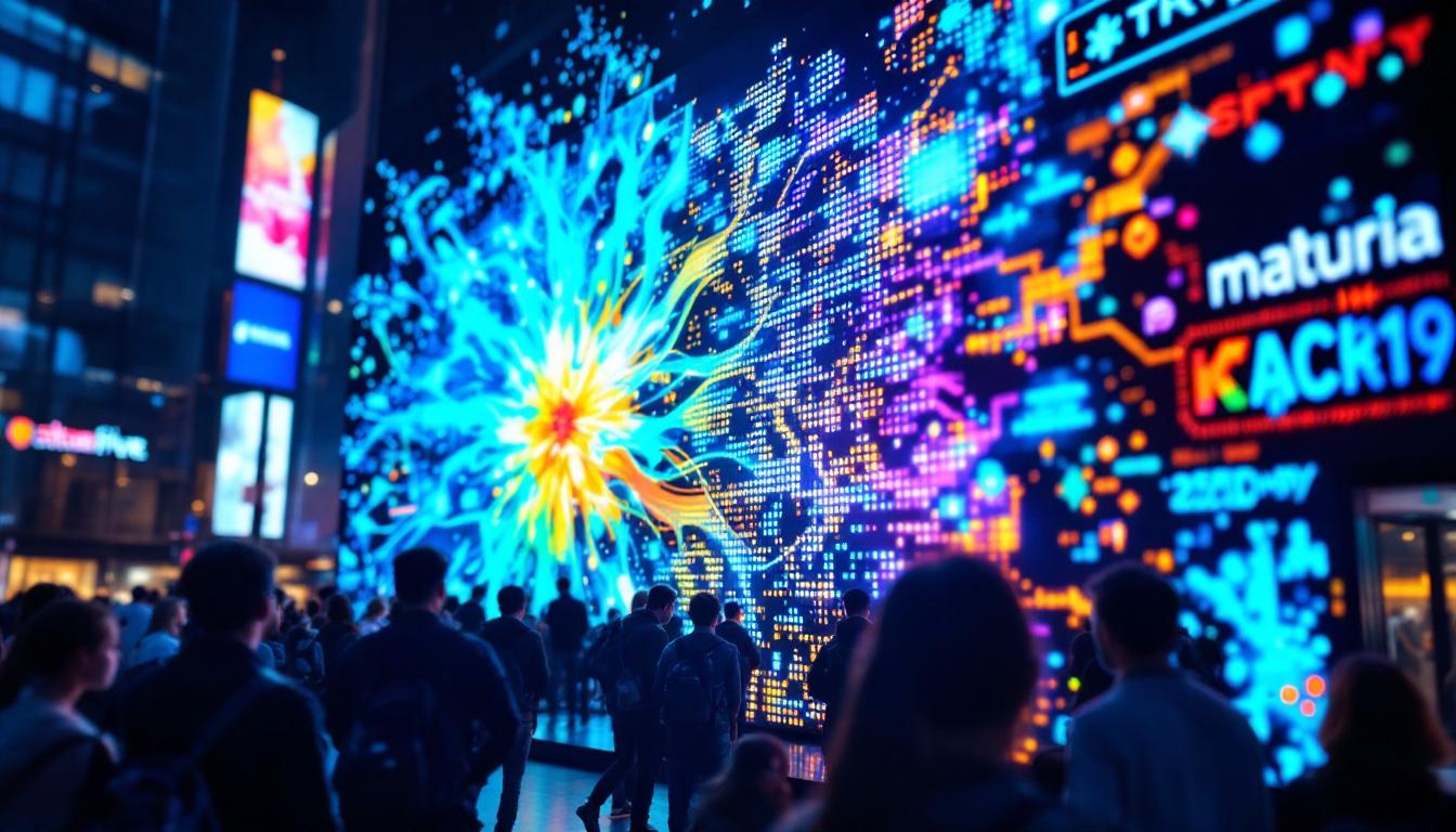 A photograph of a vibrant led display showcasing a dynamic visual pattern or colorful animation