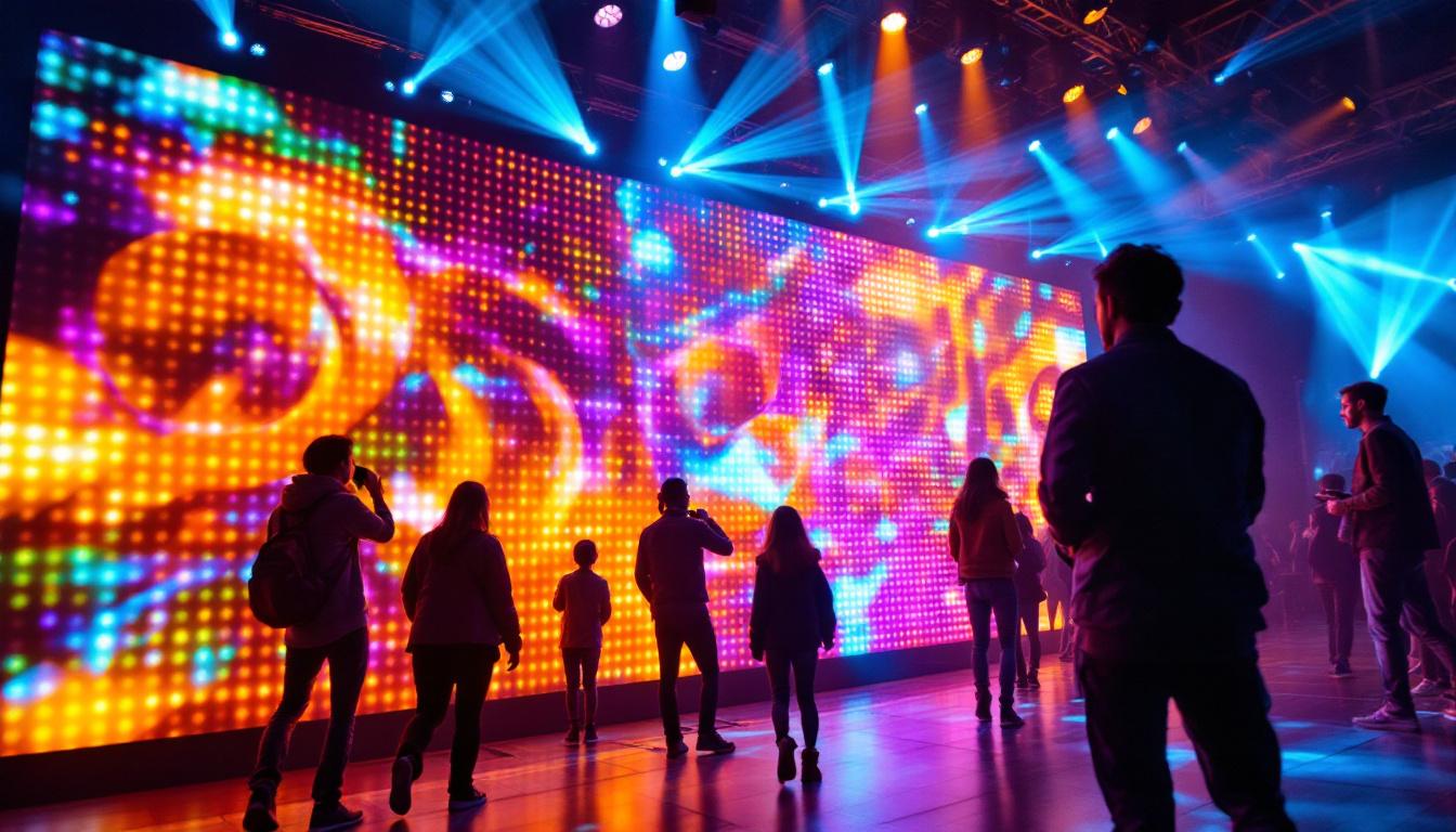 A photograph of capture a photograph of a vibrant led light screen backdrop in use at an event or performance