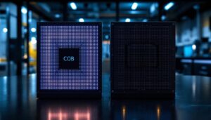 A photograph of a side-by-side comparison of a cob (chip on board) led display and an smd (surface mount device) led display