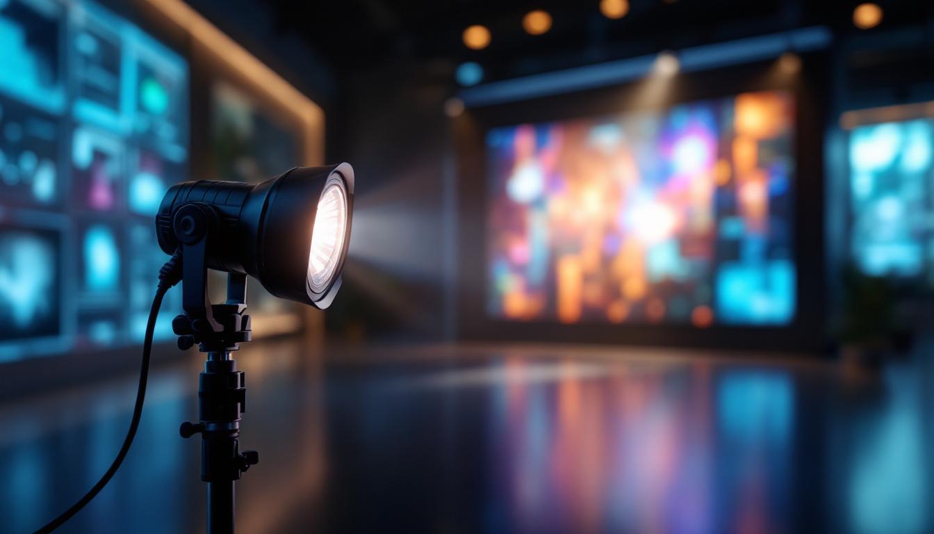A photograph of a sleek indoor setting featuring an led spotlight illuminating a vibrant display