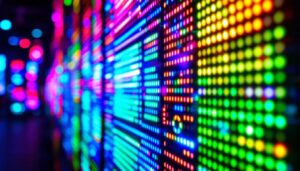 A photograph of a vibrant led display showcasing various colors and patterns